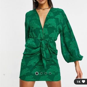 ASOS plunge tie front midi dress long sleeves in green.